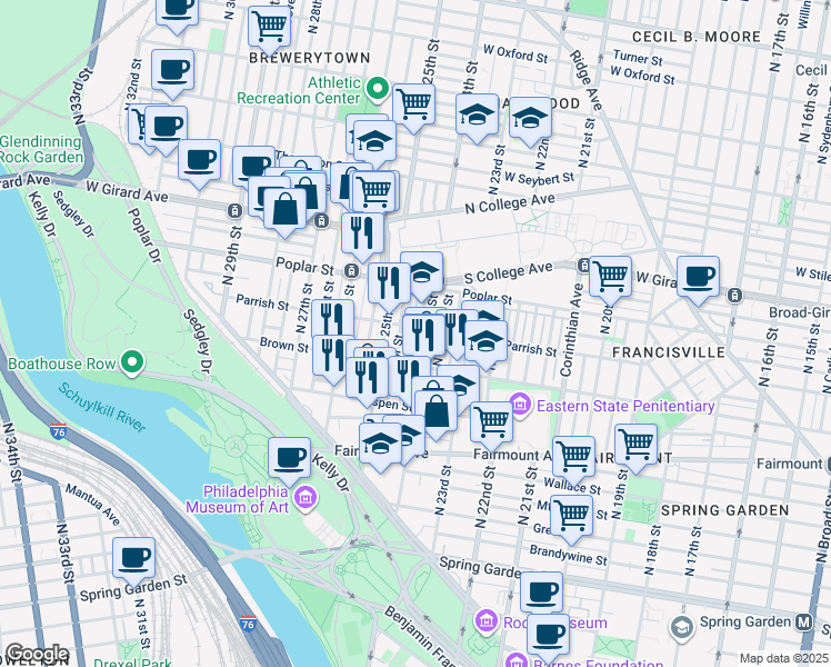 map of restaurants, bars, coffee shops, grocery stores, and more near 843 North Ringgold Street in Philadelphia