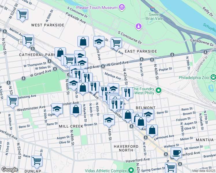 map of restaurants, bars, coffee shops, grocery stores, and more near 929 Belmont Avenue in Philadelphia