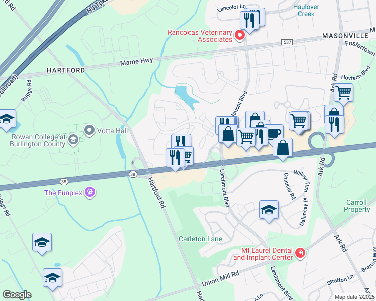 map of restaurants, bars, coffee shops, grocery stores, and more near B5504 Aberdeen Drive in Mount Laurel Township