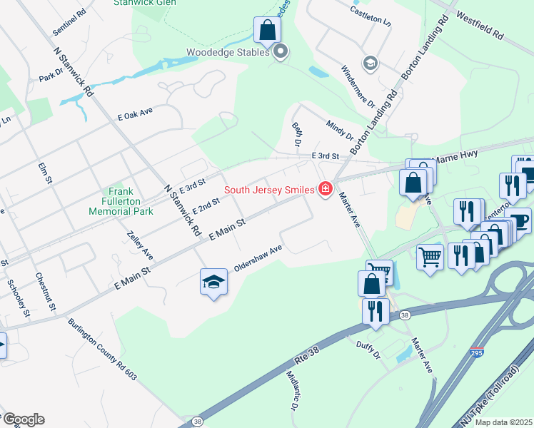map of restaurants, bars, coffee shops, grocery stores, and more near 526 East Main Street in Moorestown