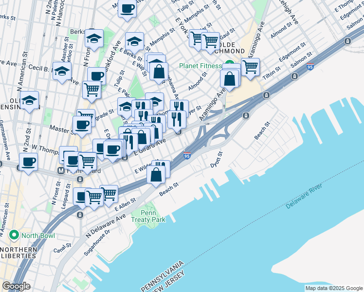 map of restaurants, bars, coffee shops, grocery stores, and more near 13 East Wildey Street in Philadelphia