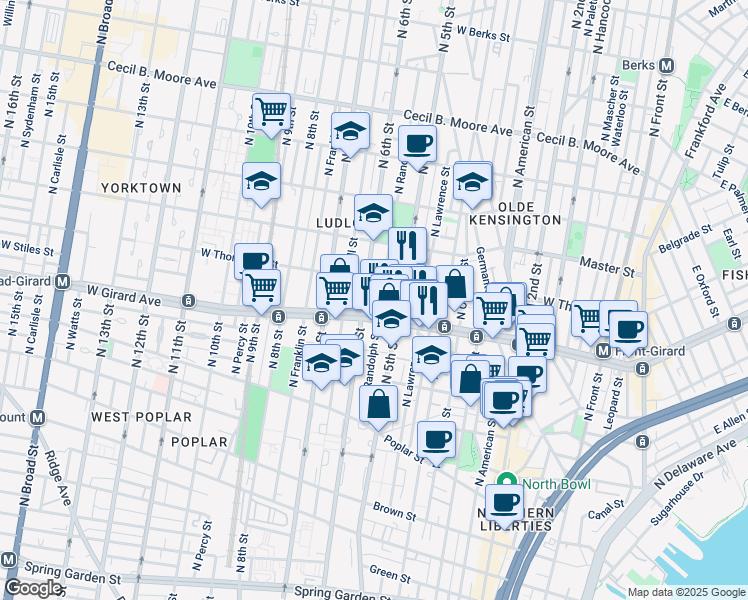 map of restaurants, bars, coffee shops, grocery stores, and more near 1216 North Randolph Street in Philadelphia
