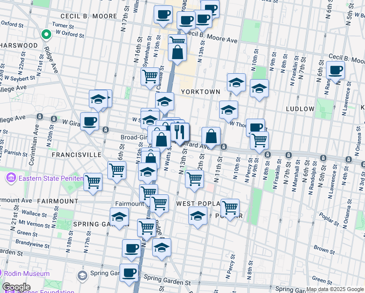 map of restaurants, bars, coffee shops, grocery stores, and more near 928 North 13th Street in Philadelphia