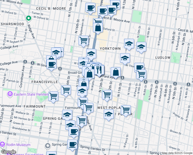 map of restaurants, bars, coffee shops, grocery stores, and more near 1330 West Girard Avenue in Philadelphia