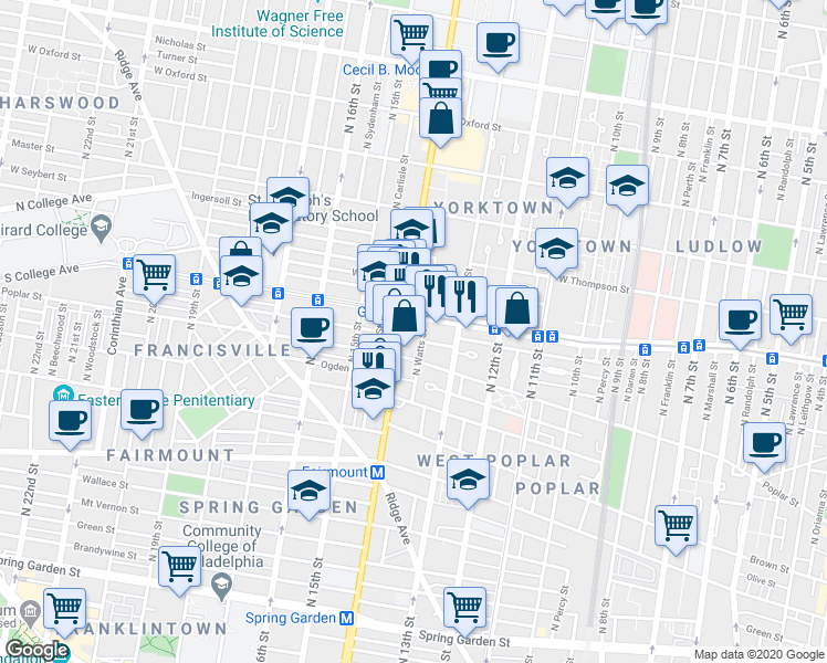 map of restaurants, bars, coffee shops, grocery stores, and more near 1330 West Girard Avenue in Philadelphia