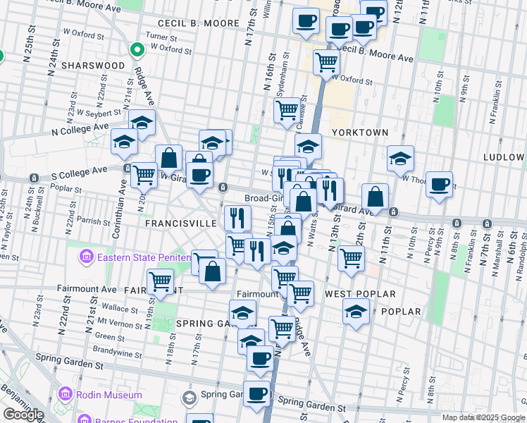 map of restaurants, bars, coffee shops, grocery stores, and more near 1515 Poplar Street in Philadelphia