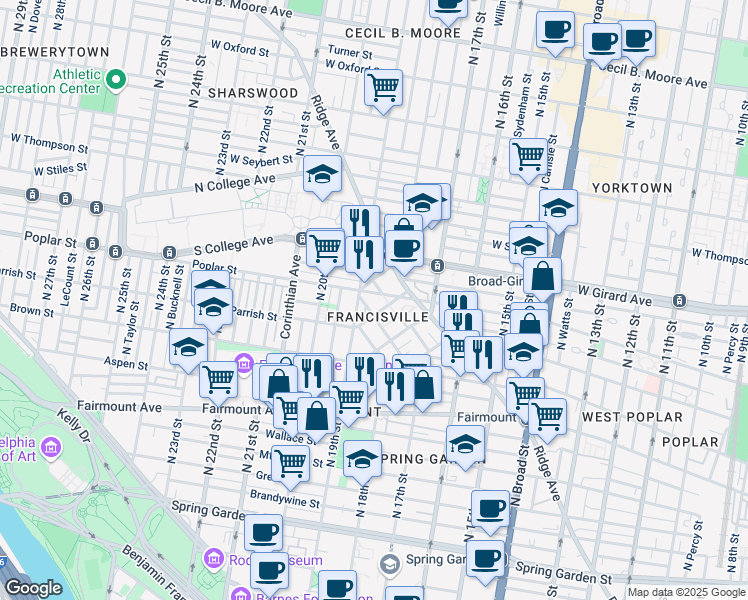 map of restaurants, bars, coffee shops, grocery stores, and more near in Philadelphia
