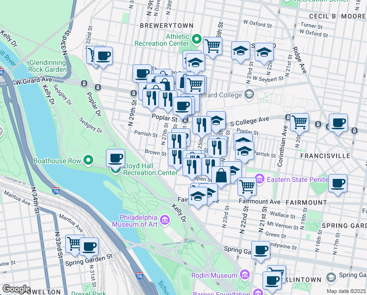 map of restaurants, bars, coffee shops, grocery stores, and more near 2611 Brown Street in Philadelphia