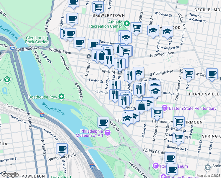 map of restaurants, bars, coffee shops, grocery stores, and more near 820 North Taney Street in Philadelphia