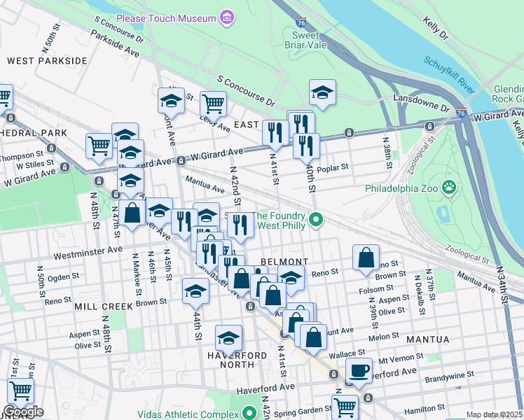 map of restaurants, bars, coffee shops, grocery stores, and more near 4137 Westminster Avenue in Philadelphia