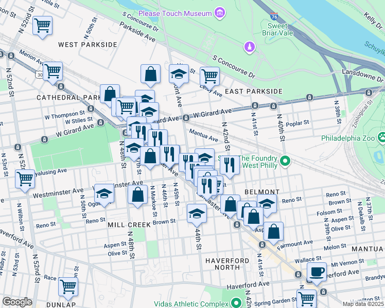 map of restaurants, bars, coffee shops, grocery stores, and more near 929 Belmont Avenue in Philadelphia