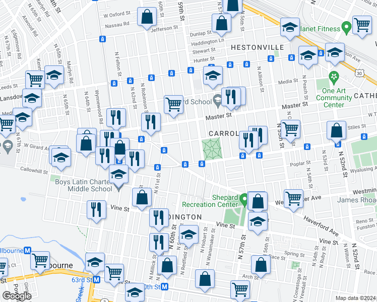 map of restaurants, bars, coffee shops, grocery stores, and more near 1212 North Redfield Street in Philadelphia
