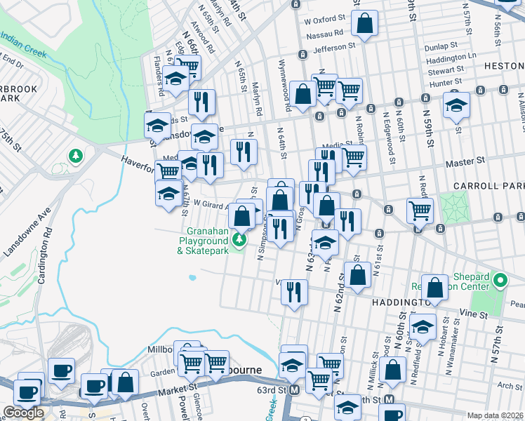 map of restaurants, bars, coffee shops, grocery stores, and more near 405 North 65th Street in Philadelphia