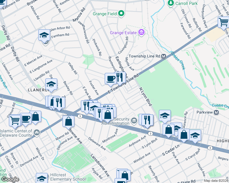 map of restaurants, bars, coffee shops, grocery stores, and more near 227 Magnolia Terrace in Delaware County