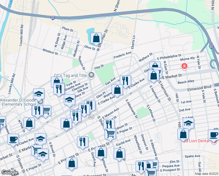 map of restaurants, bars, coffee shops, grocery stores, and more near 915 Wayne Avenue in York