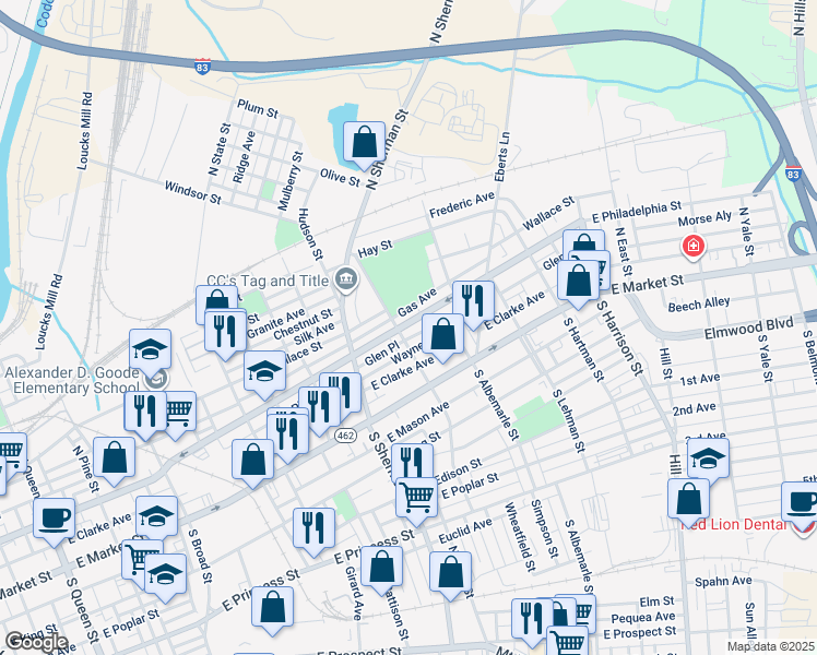 map of restaurants, bars, coffee shops, grocery stores, and more near 75 North Tremont Street in York