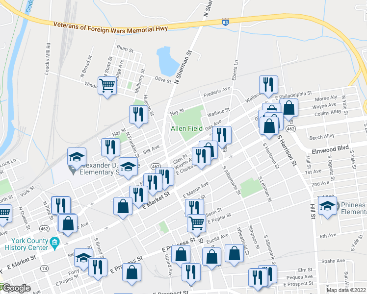 map of restaurants, bars, coffee shops, grocery stores, and more near 851 East Philadelphia Street in York
