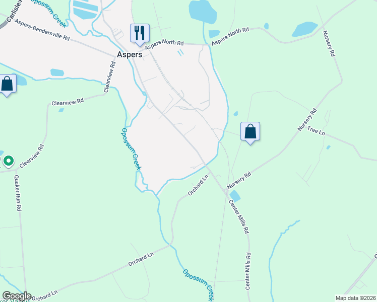 map of restaurants, bars, coffee shops, grocery stores, and more near 1260 Center Mills Road in Aspers