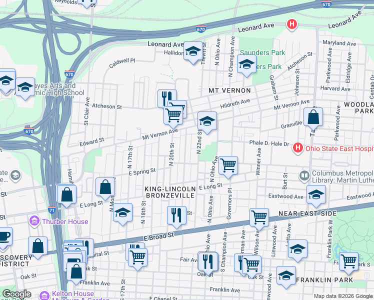 map of restaurants, bars, coffee shops, grocery stores, and more near 231 North 21st Street in Columbus
