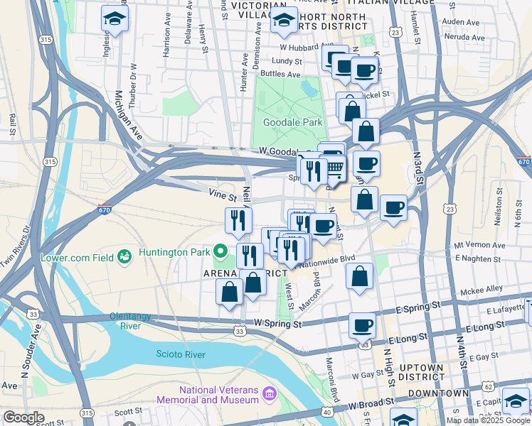 map of restaurants, bars, coffee shops, grocery stores, and more near 195 Vine Street in Columbus