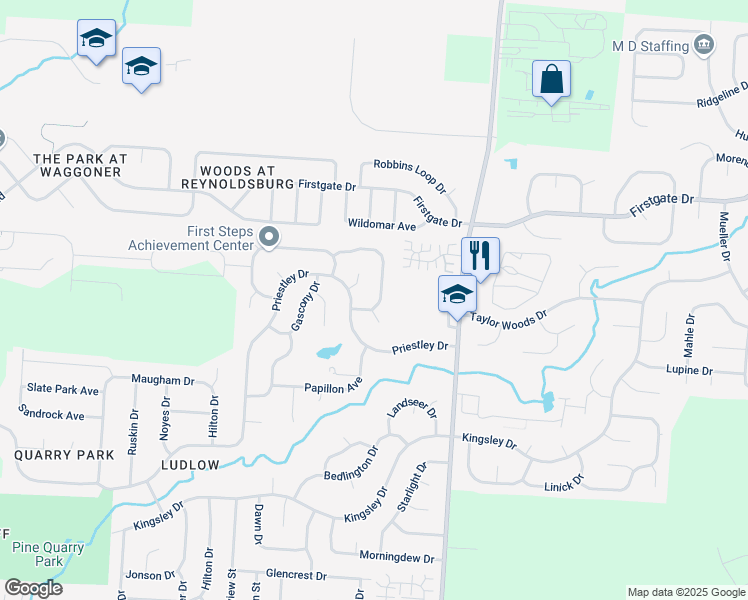 map of restaurants, bars, coffee shops, grocery stores, and more near 821 Tricolor Drive in Reynoldsburg