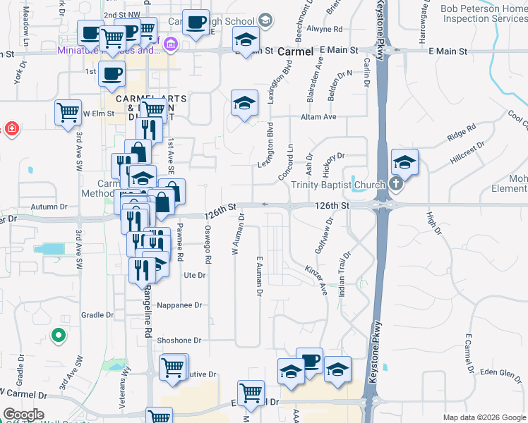 map of restaurants, bars, coffee shops, grocery stores, and more near 724 East Auman Drive in Carmel