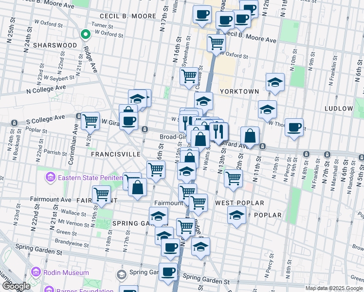 map of restaurants, bars, coffee shops, grocery stores, and more near 1419 Poplar Street in Philadelphia