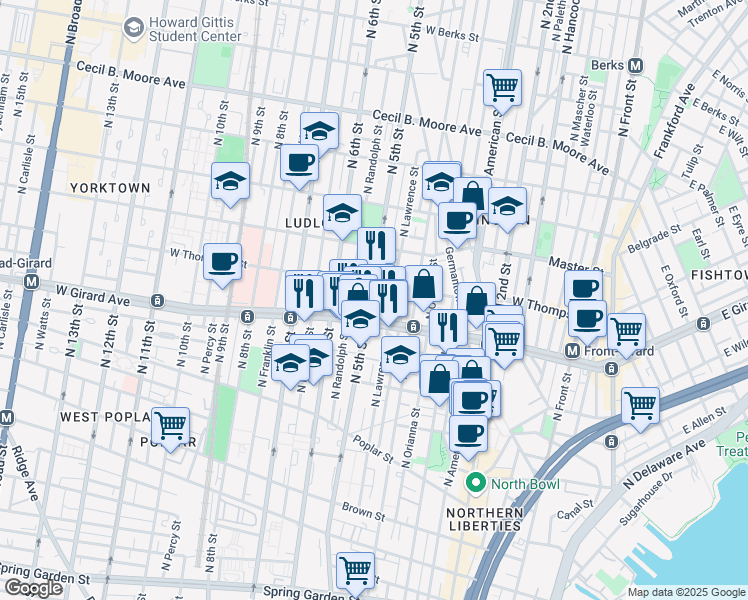 map of restaurants, bars, coffee shops, grocery stores, and more near 1223 North 5th Street in Philadelphia