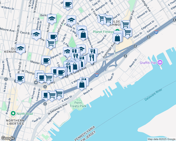 map of restaurants, bars, coffee shops, grocery stores, and more near 1123 East Montgomery Avenue in Philadelphia