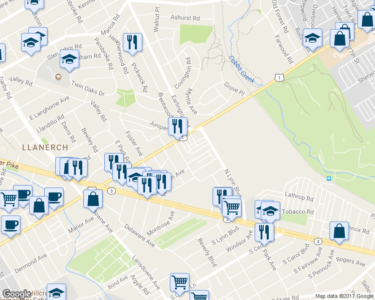 map of restaurants, bars, coffee shops, grocery stores, and more near 228 West Bayberry Avenue in Upper Darby