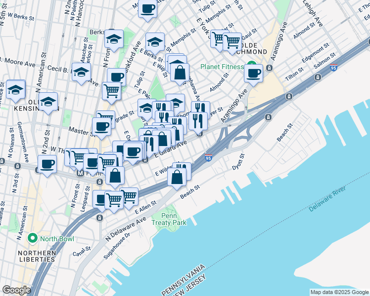 map of restaurants, bars, coffee shops, grocery stores, and more near 1128 East Montgomery Avenue in Philadelphia