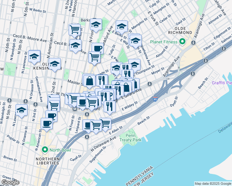 map of restaurants, bars, coffee shops, grocery stores, and more near 1213 East Columbia Avenue in Philadelphia