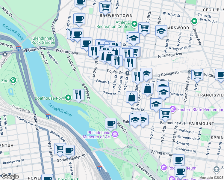 map of restaurants, bars, coffee shops, grocery stores, and more near 814 North 27th Street in Philadelphia