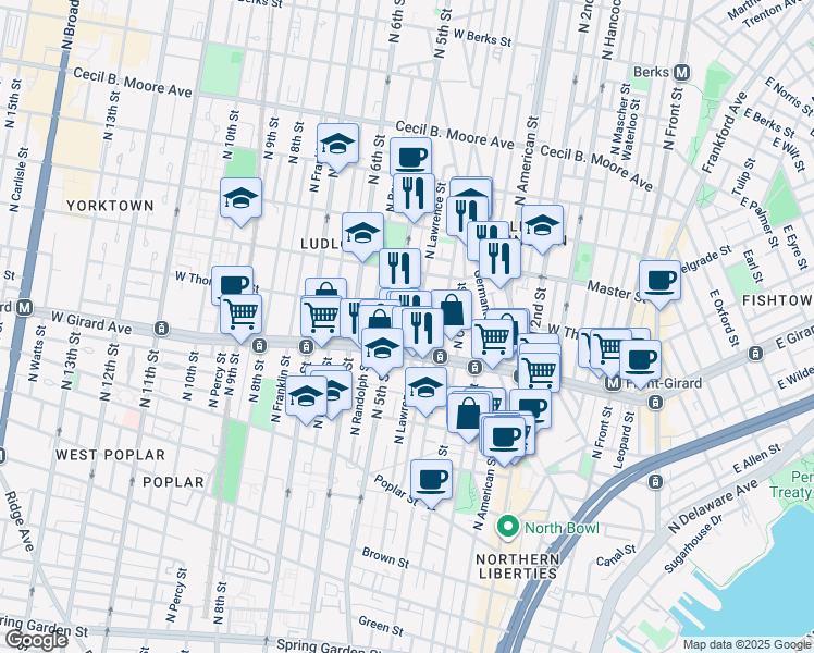 map of restaurants, bars, coffee shops, grocery stores, and more near 1200 North Orkney Street in Philadelphia