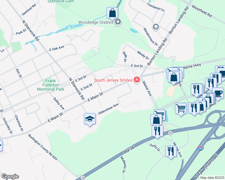 map of restaurants, bars, coffee shops, grocery stores, and more near 526 East Main Street in Moorestown