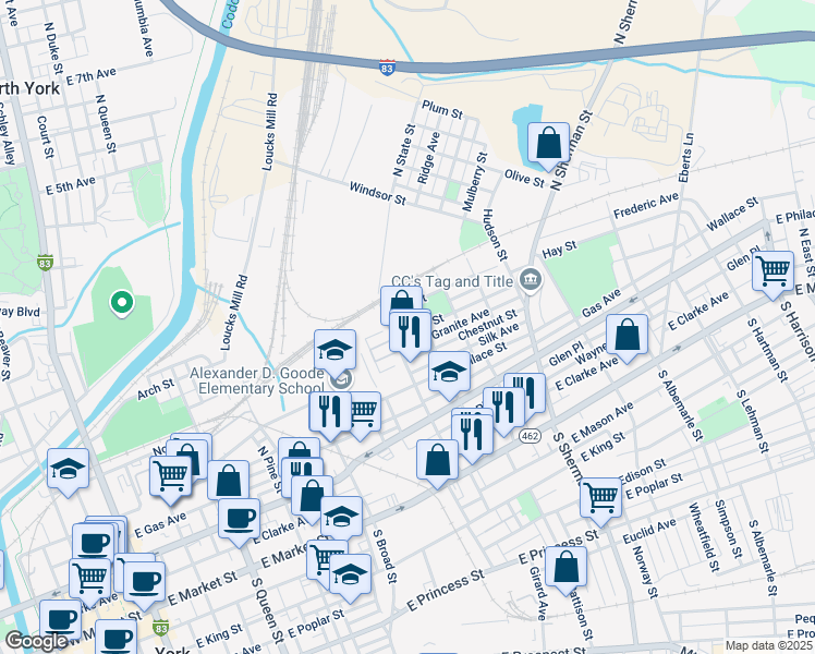 map of restaurants, bars, coffee shops, grocery stores, and more near 621 York Street in York
