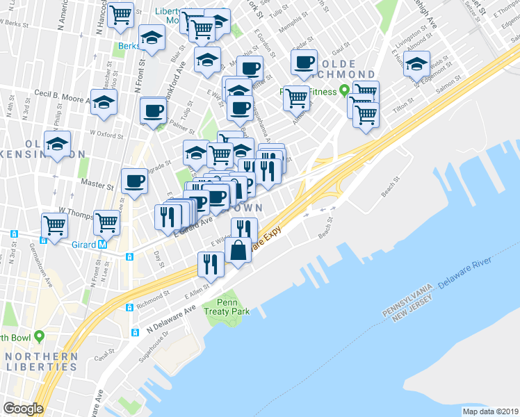 map of restaurants, bars, coffee shops, grocery stores, and more near 1124 East Wilt Street in Philadelphia