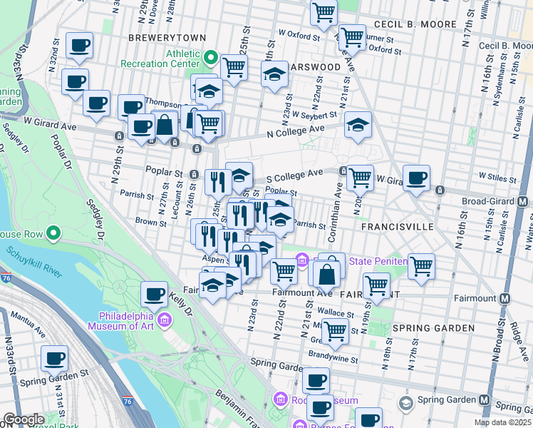 map of restaurants, bars, coffee shops, grocery stores, and more near 844 North 23rd Street in Philadelphia
