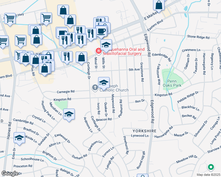 map of restaurants, bars, coffee shops, grocery stores, and more near 322 Maywood Road in East York