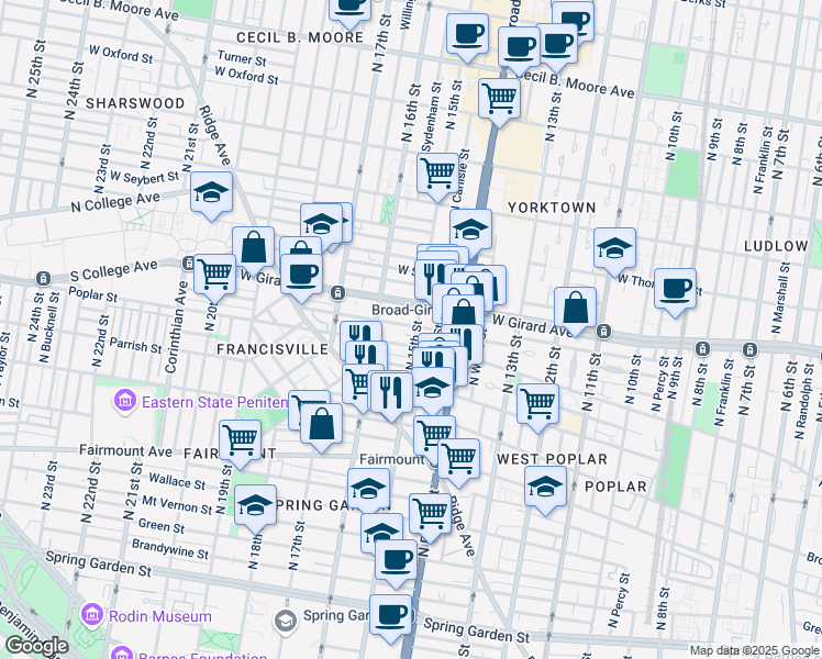 map of restaurants, bars, coffee shops, grocery stores, and more near 916 North 15th Street in Philadelphia
