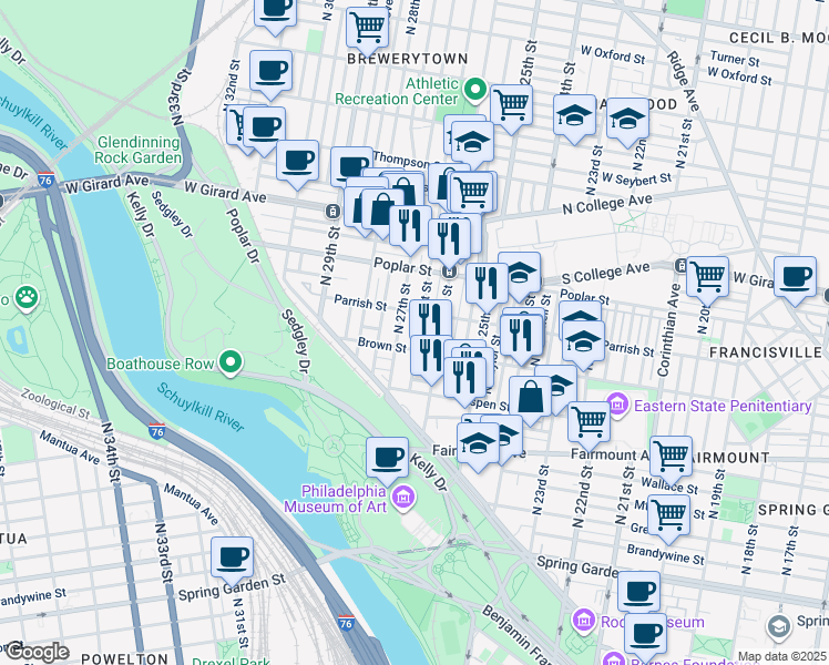 map of restaurants, bars, coffee shops, grocery stores, and more near 822 North Taney Street in Philadelphia