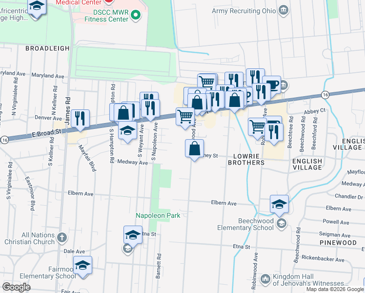 map of restaurants, bars, coffee shops, grocery stores, and more near 91 Maplewood Avenue in Columbus