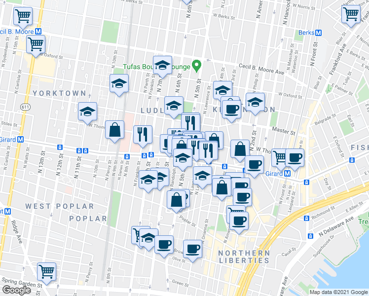 map of restaurants, bars, coffee shops, grocery stores, and more near 1216 North 5th Street in Philadelphia