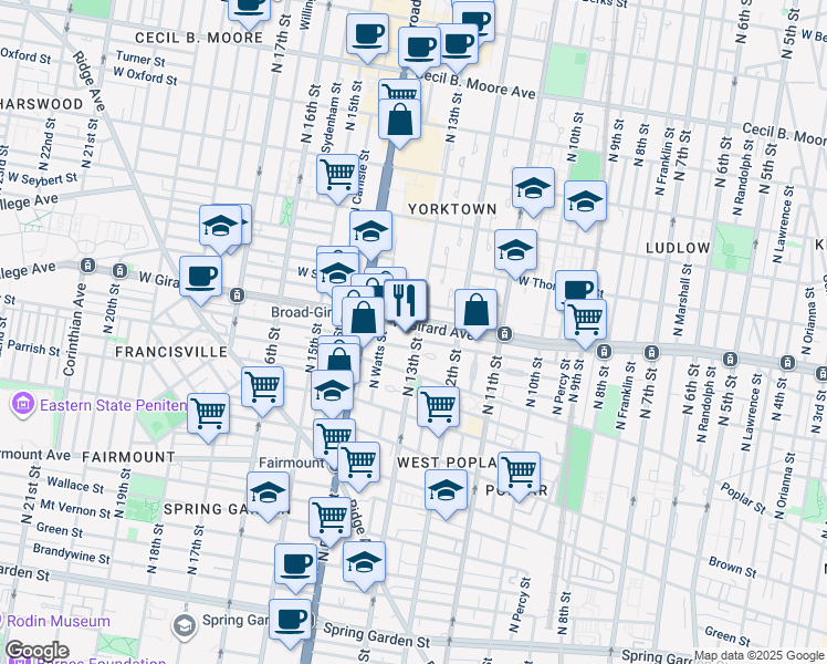 map of restaurants, bars, coffee shops, grocery stores, and more near 1300 West Girard Avenue in Philadelphia