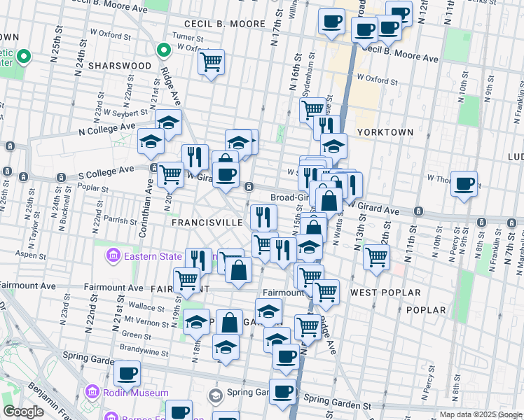 map of restaurants, bars, coffee shops, grocery stores, and more near 1606 Poplar Street in Philadelphia