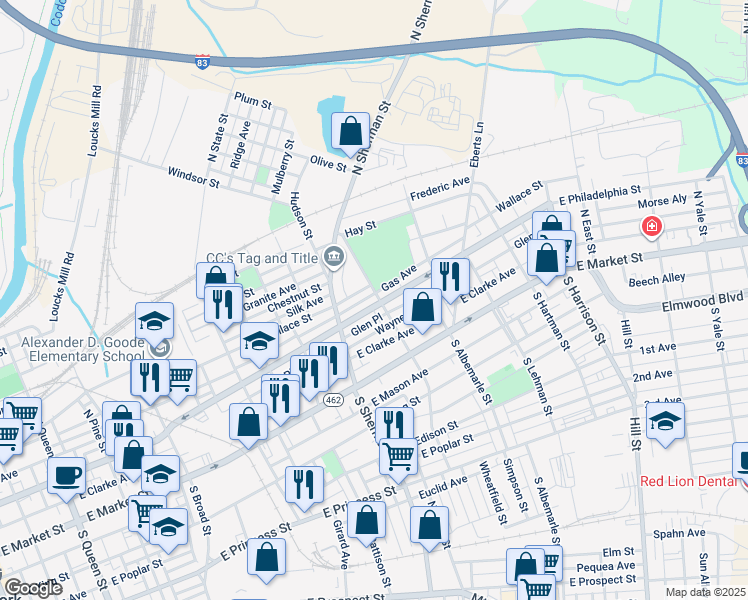 map of restaurants, bars, coffee shops, grocery stores, and more near 855 East Philadelphia Street in York