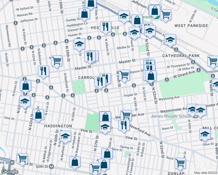 map of restaurants, bars, coffee shops, grocery stores, and more near 5533 West Girard Avenue in Philadelphia