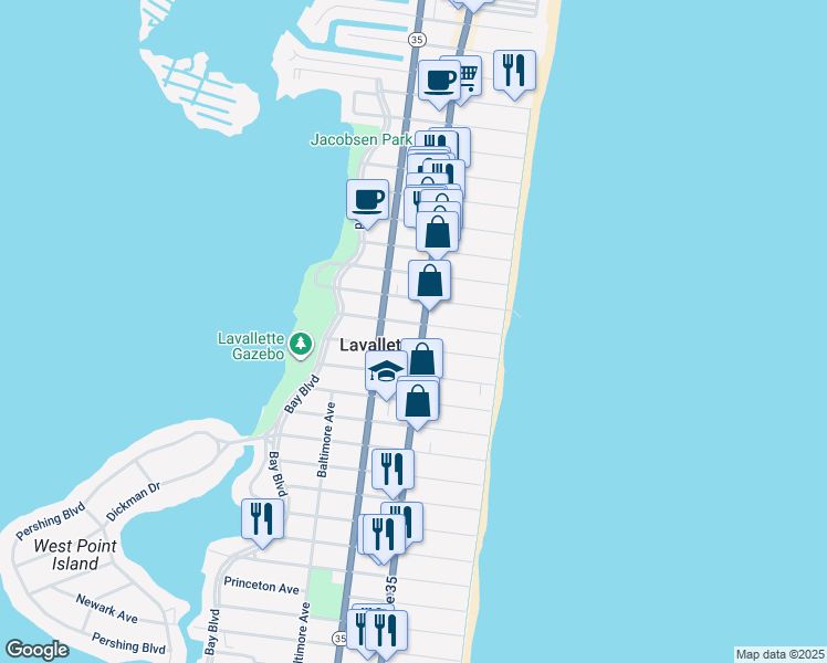map of restaurants, bars, coffee shops, grocery stores, and more near in Lavallette