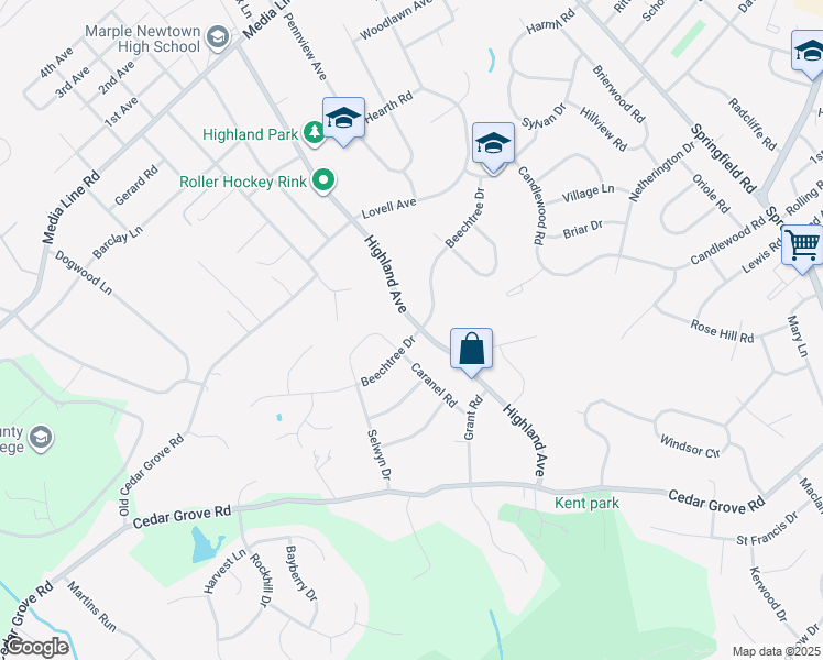 map of restaurants, bars, coffee shops, grocery stores, and more near 202 Beechtree Drive in Broomall