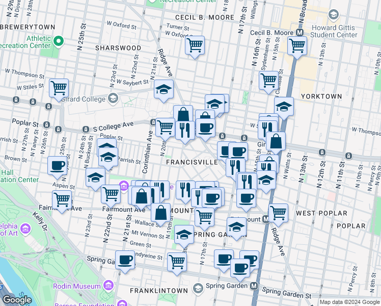 map of restaurants, bars, coffee shops, grocery stores, and more near in Philadelphia